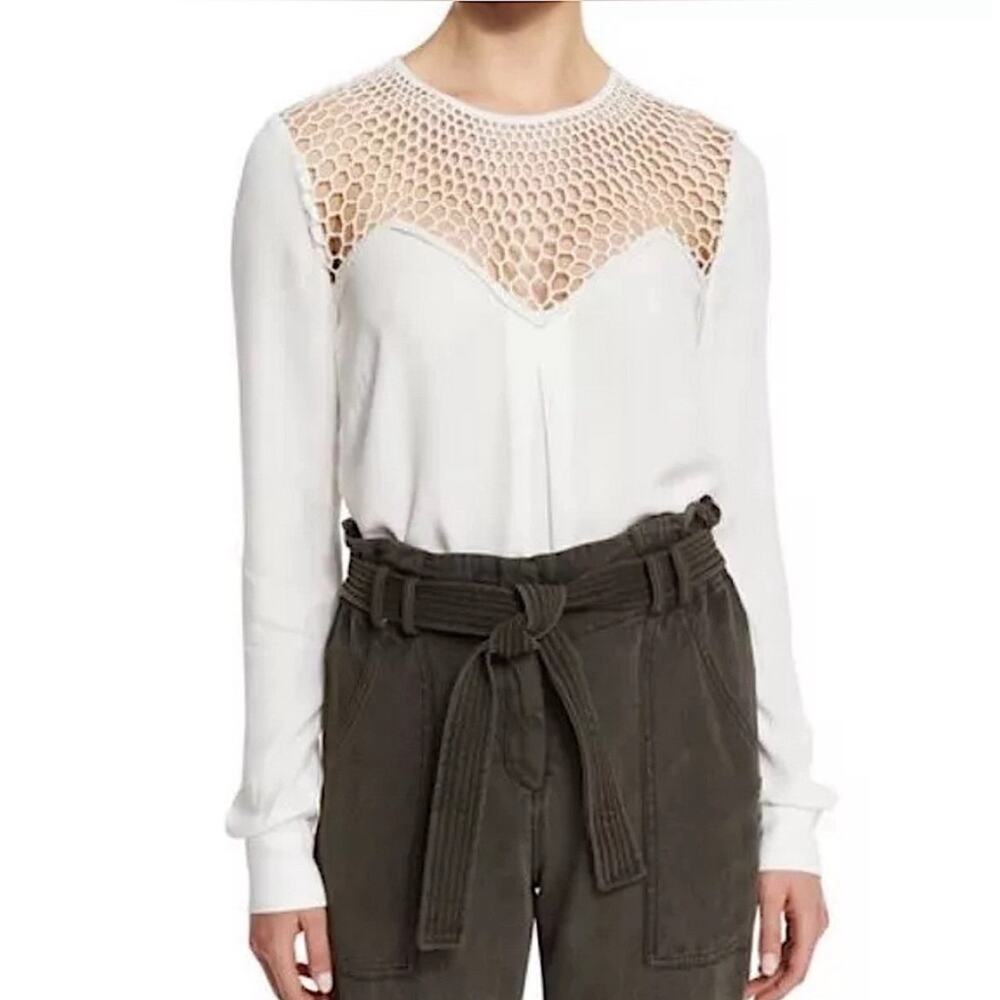 A.L.C. White Long Sleeve Blouse with Crochet Yoke – Size 4 minimalist